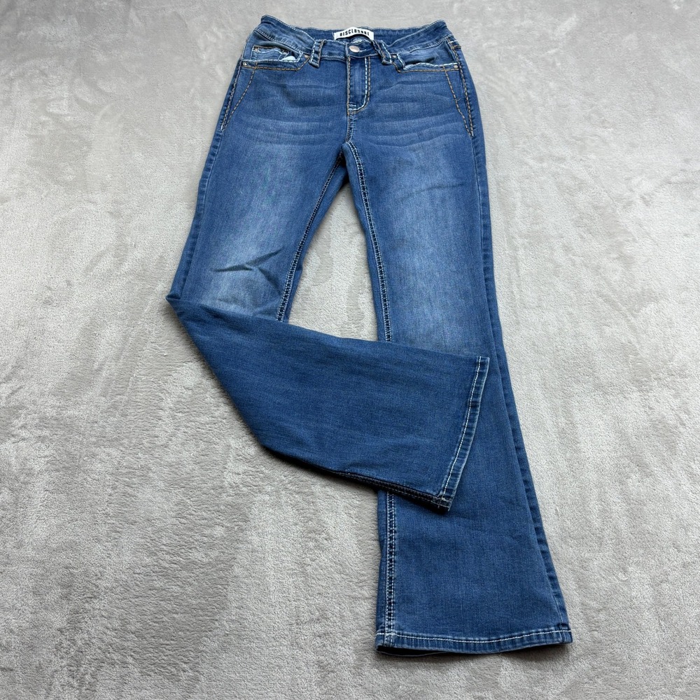 Disclosure Flare Jeans Women 7/28 Blue Heavy Contrast Stitch Flap Pocket Stretch